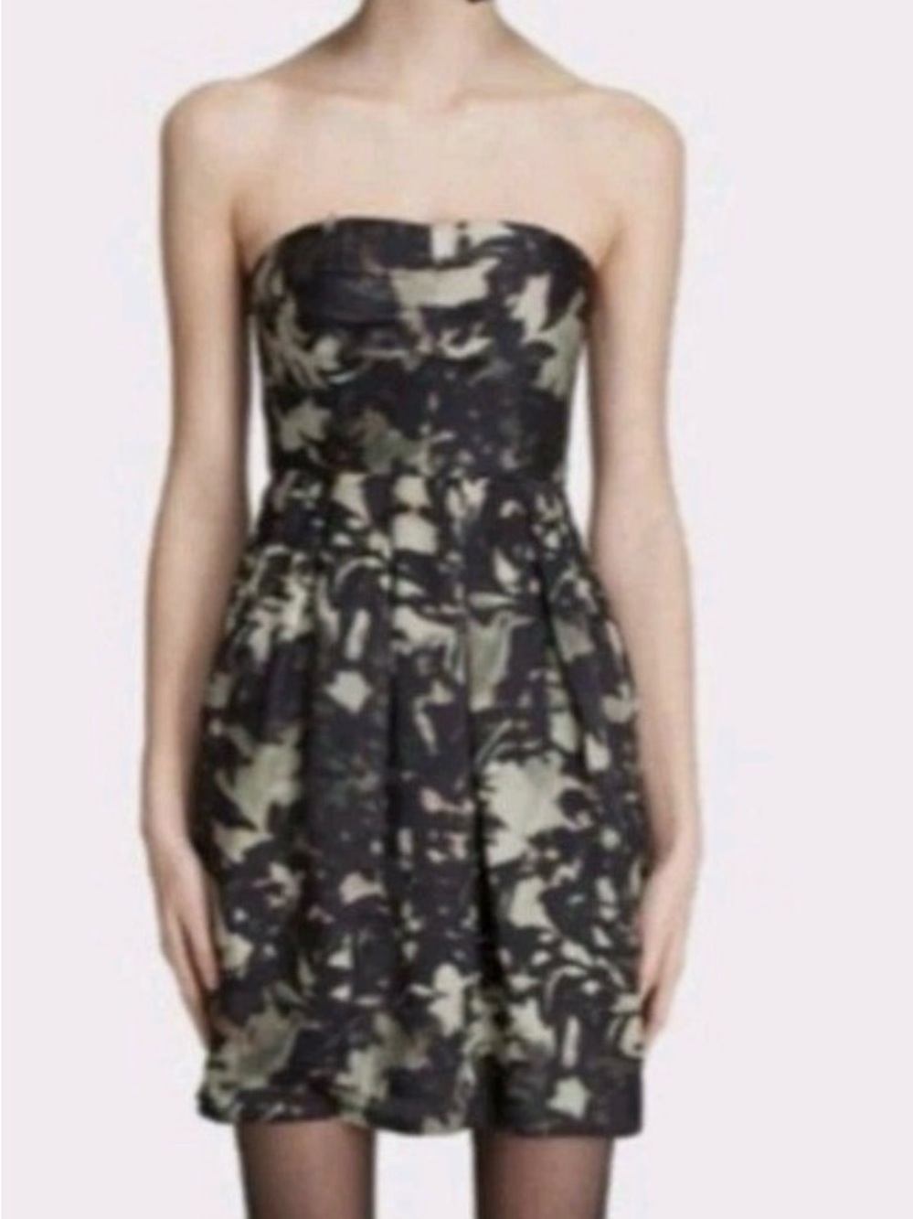Theory 100% Silk Strapless Black and Olive Print Dress